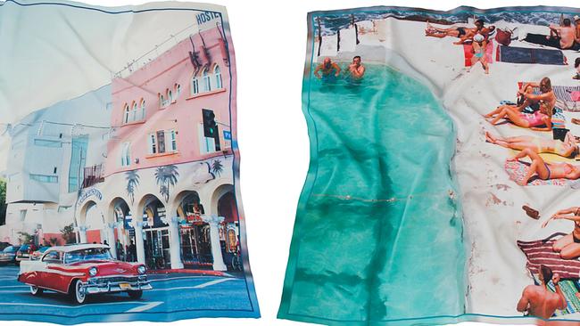 Venice Beach meets Bondi: two of the winning holiday snaps that Qantas and Bird &amp; Knoll have turned into designer scarves.