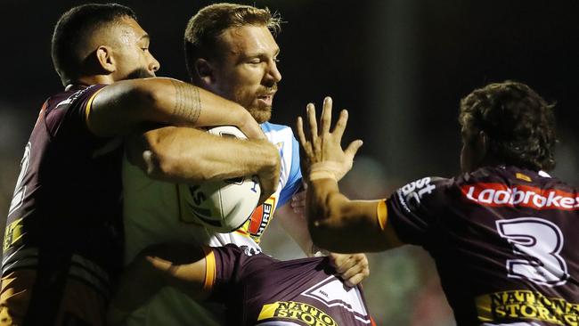 Bryce Cartwright runs into the Broncos during a recent trial.