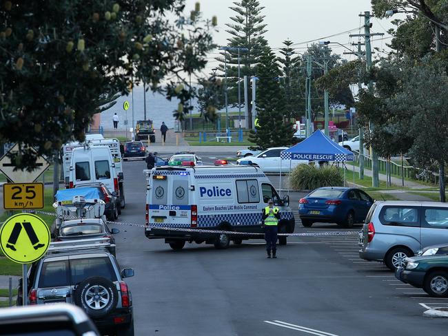 The initial crime scene at Mons Ave, Maroubra, set up by police after the body of the homeless man was found. Picture: John Fotiadis