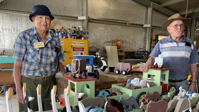 Kevin Windsor, 88, and Bill Seymour, 91, are the cheeky toy-making pair at the Beaconsfield Road Men's Shed. Picture: Heidi Petith