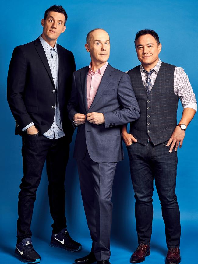 Kavalee, with Have You Been Paying Attention? host Tom Gleisner and regular contestant Sam Pang.