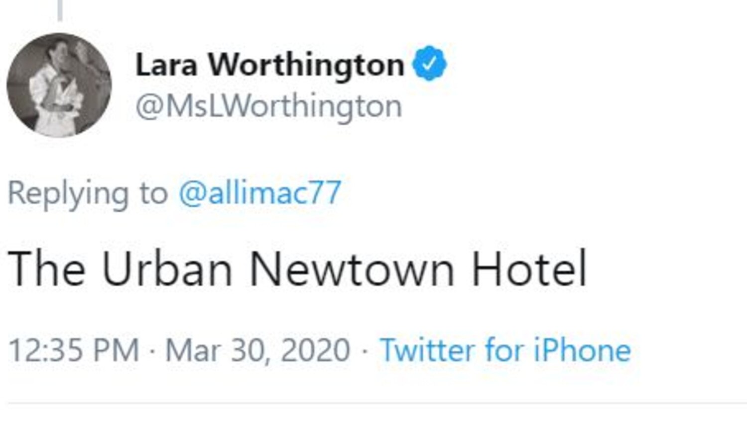 Lara Worthington named the boutique hotel on Twitter.