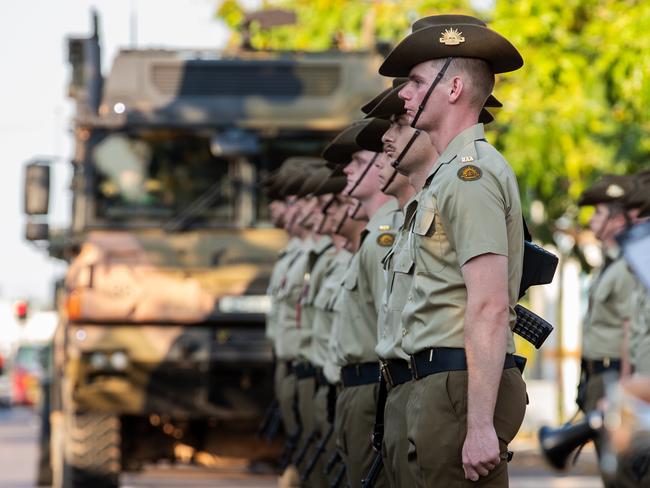 More than 200 soldiers from 8th/12th Regiment, Royal Australian Artillery at the Freedom of Entry march through Palmerston on Friday. Picture: Pema Tamang Pakhrin