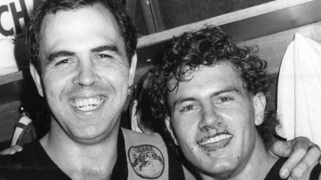 Footballer Tony McGuinness (right) with Peter Carey after a SANFL match against Port Adelaide Magpies 1983.