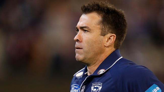 Chris Scott, Senior Coach of the Cats looks on during the 2019 AFL First Semi Final match between the Geelong Cats and the West Coast Eagles. Picture: Getty Images