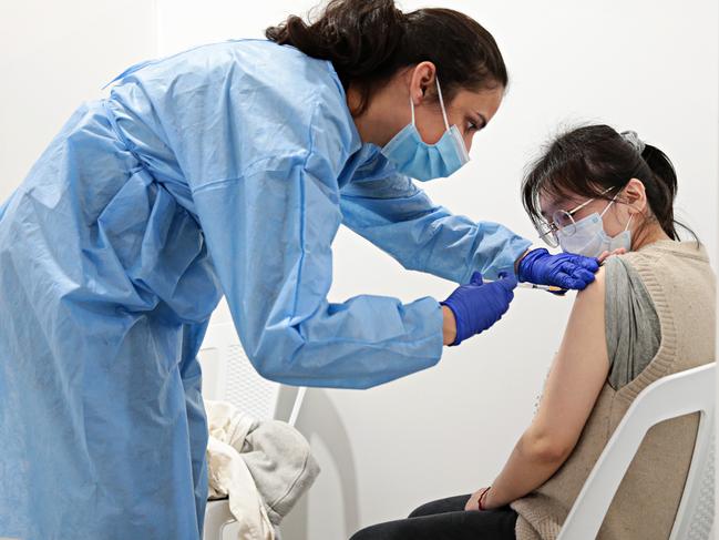 Nan Hu, 27 receiving a Covid-19 vaccine at the Roseville vaccination clinic. Picture: NCA NewsWire / Adam Yip