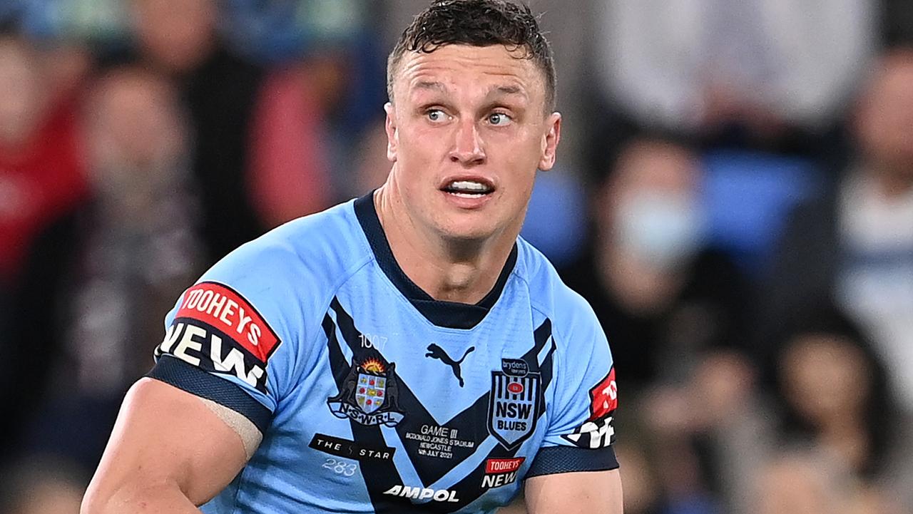 GOLD COAST, AUSTRALIA - JULY 14: Jack Wighton of the Blues runs the ball during game three of the 2021 State of Origin Series between the New South Wales Blues and the Queensland Maroons at Cbus Super Stadium on July 14, 2021 in Gold Coast, Australia. (Photo by Bradley Kanaris/Getty Images)