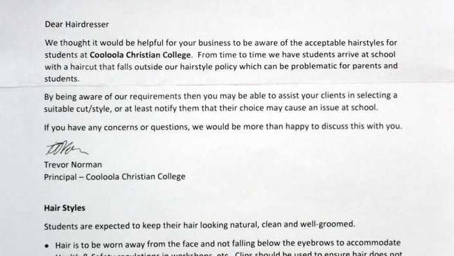 A letter sent to local hairdressing salons by Cooloola Christian College. . Picture: Renee Albrecht