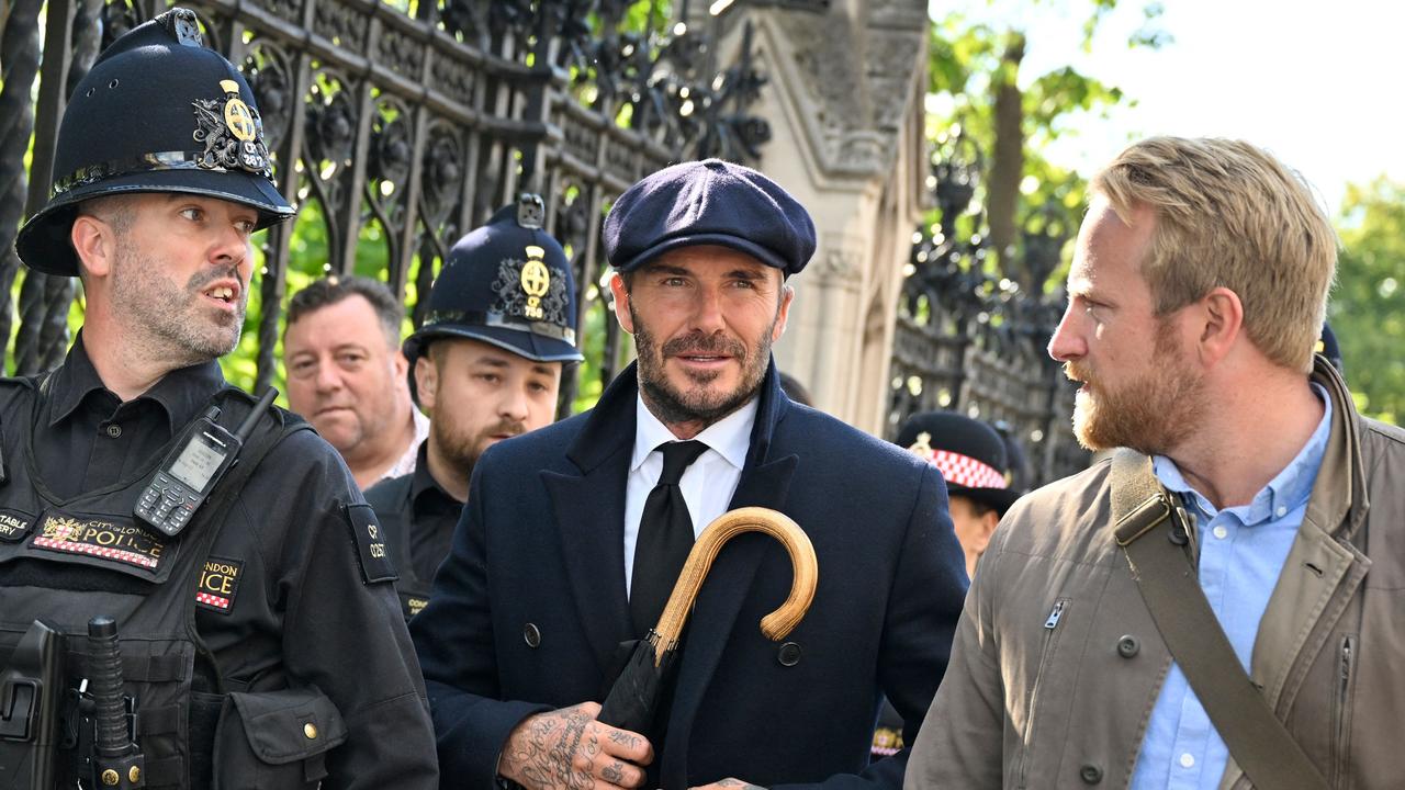 David Beckham leaves Westminster Hall after paying his respects to the coffin of Queen Elizabeth II. Picture: AFP.