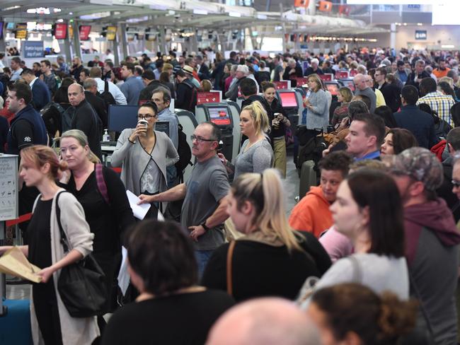 Huge queues at Sydney Airport’s T2 Domestic Terminal after security measures were increased. Picture: AAP/Dean Lewins