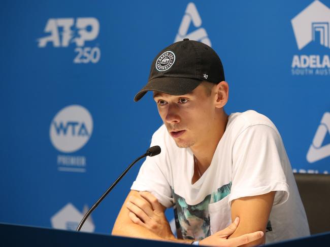 ADELAIDE, AUSTRALIA - JANUARY 13: Alex de Minaur of Australia addresses the media during day two of the 2020 Adelaide International at Memorial Drive on January 13, 2020 in Adelaide, Australia. (Photo by Paul Kane/Getty Images)