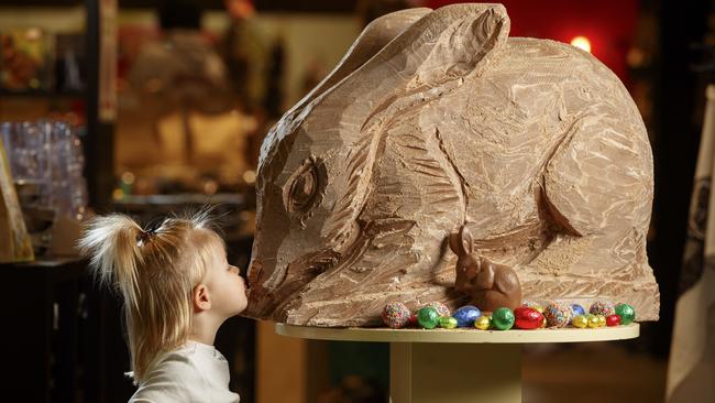 <s1>TASTE TEST: Paige Humphrys-Glynn gets close to the giant Bilby at Melba’s Chocolates in Woodside. </s1>Picture: MATT TURNER