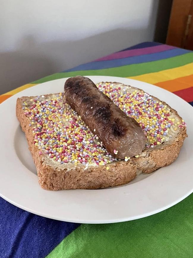 One <i>Bluey</i> fan’s attempt at the fairy bread sausage roll. Picture: Facebook/AdultBlueyFans