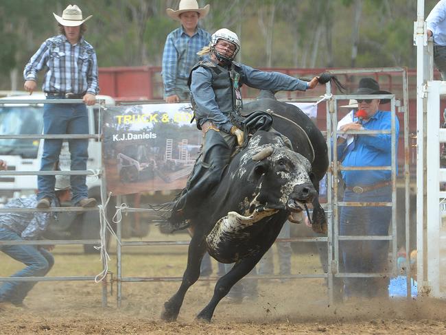 Rodeo - Josh Cavanagh competing in the Rookie Bull Ride at the Mount Morgan Rodeo. 76 point ride.