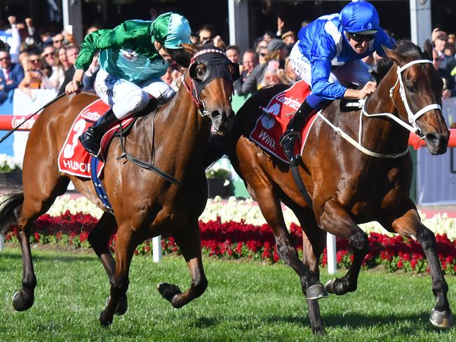 MELBOURNE, AUSTRALIA - OCTOBER 28:  Hugh Bowman riding Winx defeats Blake Shinn riding Humidor in Race 9, Ladbrokes Cox Plate  during Cox Plate Day at Moonee Valley Racecourse on October 28, 2017 in Melbourne, Australia.  (Photo by Vince Caligiuri/Getty Images)