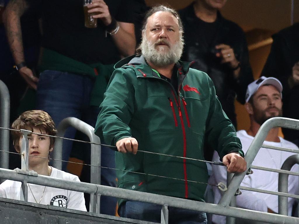 Russell Crowe watching on at a Rabbitohs game in 2021. Picture: Cameron Spencer/Getty Images