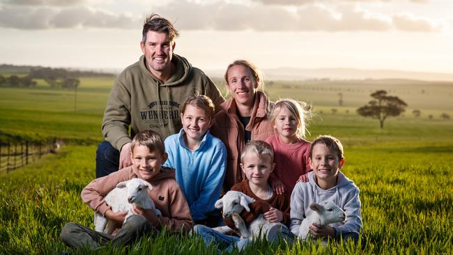 Ben and Kerry Heinrich with their children Archer, Emmison, Macartney, George and Fredrick s on their farm at Black Springs in South Australia.