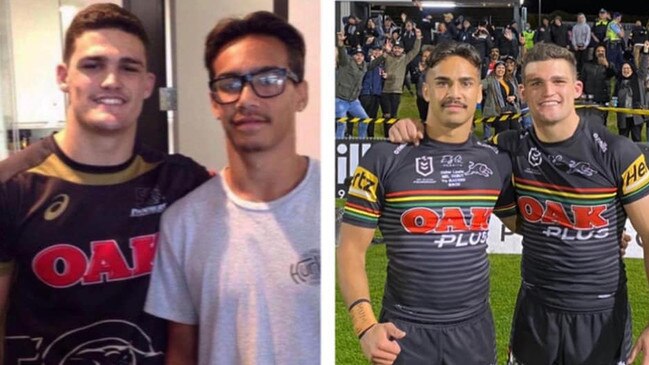 From fan to teammate – Daine Laurie in two pictures with Penrith halfback Nathan Cleary.