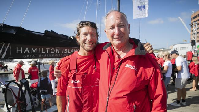 Daniel Oatley, the late Bob Oatley’s grandson, in Hobart after steering Wild Oats across the line, pictured with his uncle owner Sandy Oatley. Picture: Richard Jupe.