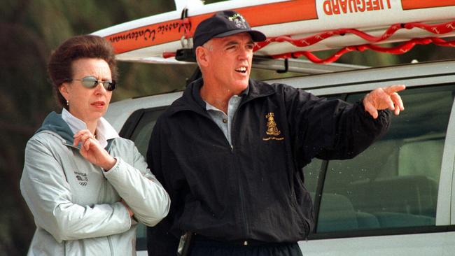 Princess Anne at Kurrawa Beach with Warren Young in 2000. Picture: Paul Riley