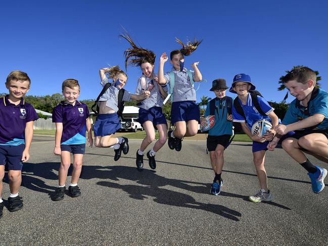 (L-R) Boston Woods, 8, Grayson Woods, 7,Reese Achilles, 7, Harmonee Steel, 13, Peyton Achilles, 9, Mason Hodges, 8,  Lincoln Carter, 11 and Zanda Hodges, 5. School children across Townsville are gearing up to head back to school on Monday. PICTURE: MATT TAYLOR.