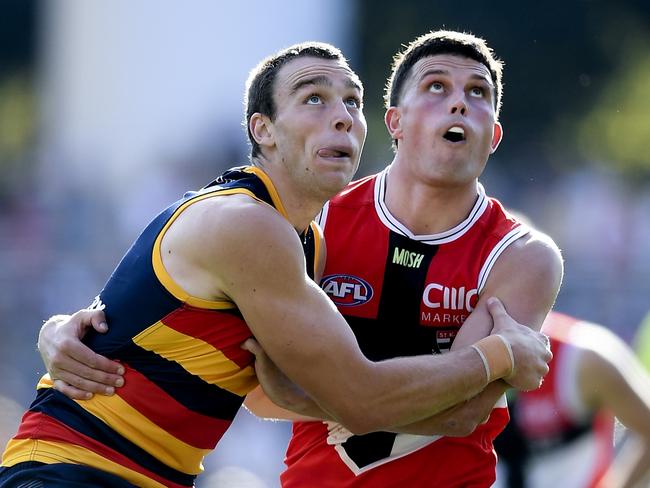 Riley Thilthorpe began the day in the ruck for the Crows. (Photo by Mark Brake/Getty Images)