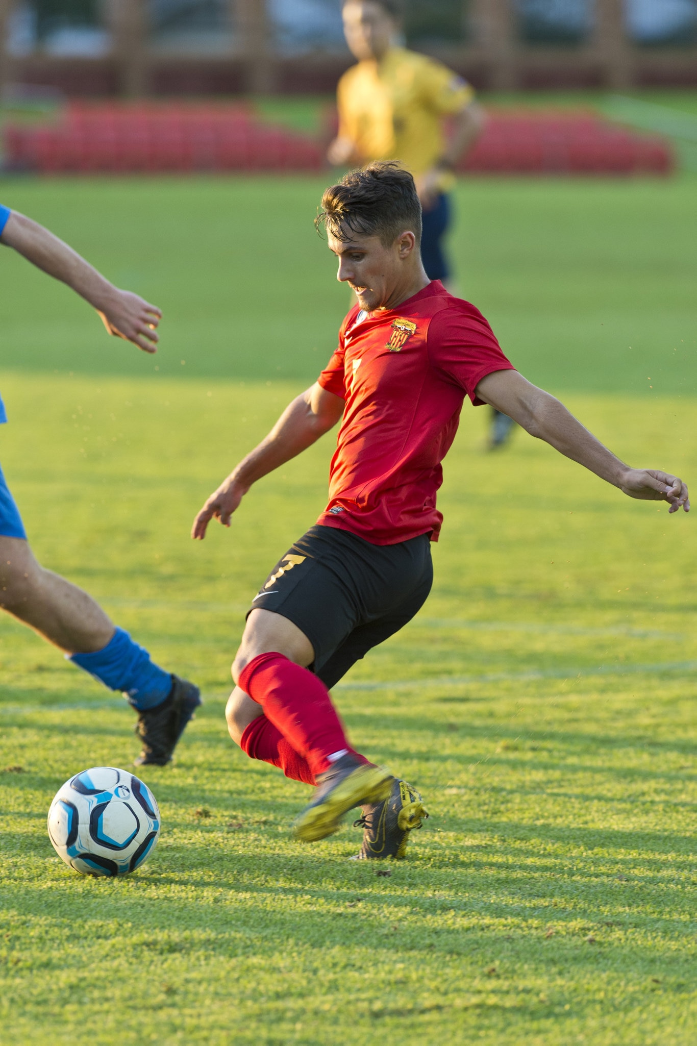 Joshua Brookes strikes for Sunshine Coast Fire against South West Queensland Thunder in NPL Queensland men round nine football at Clive Berghofer Stadium, Saturday, March 30, 2019. Picture: Kevin Farmer