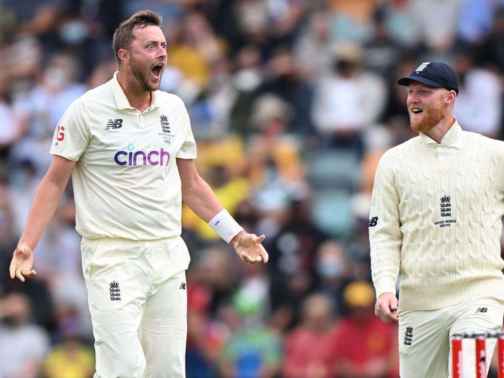 Robinson, here celebrating dismissing the Australia batsman Steve Smith in the fifth Test, had his fitness questioned by England coaches. Picture: Steve Bell/Getty Images