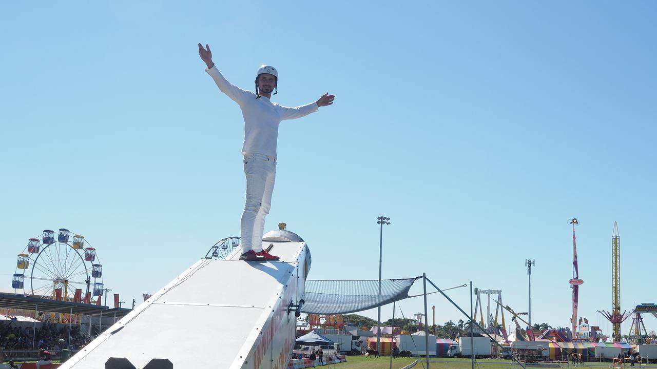 Australia's only human cannonball Warren Brophy at the final day of the Mackay Show 2019.