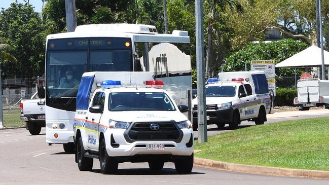 Passengers from QF110 are transported to Howard Springs where they will spend two weeks in quarantine. Picture: Katrina Bridgeford