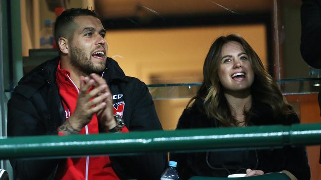 Lance Franklin and girlfriend Jesinta Campbell look on at the SCG. Picture: Phil Hillyard