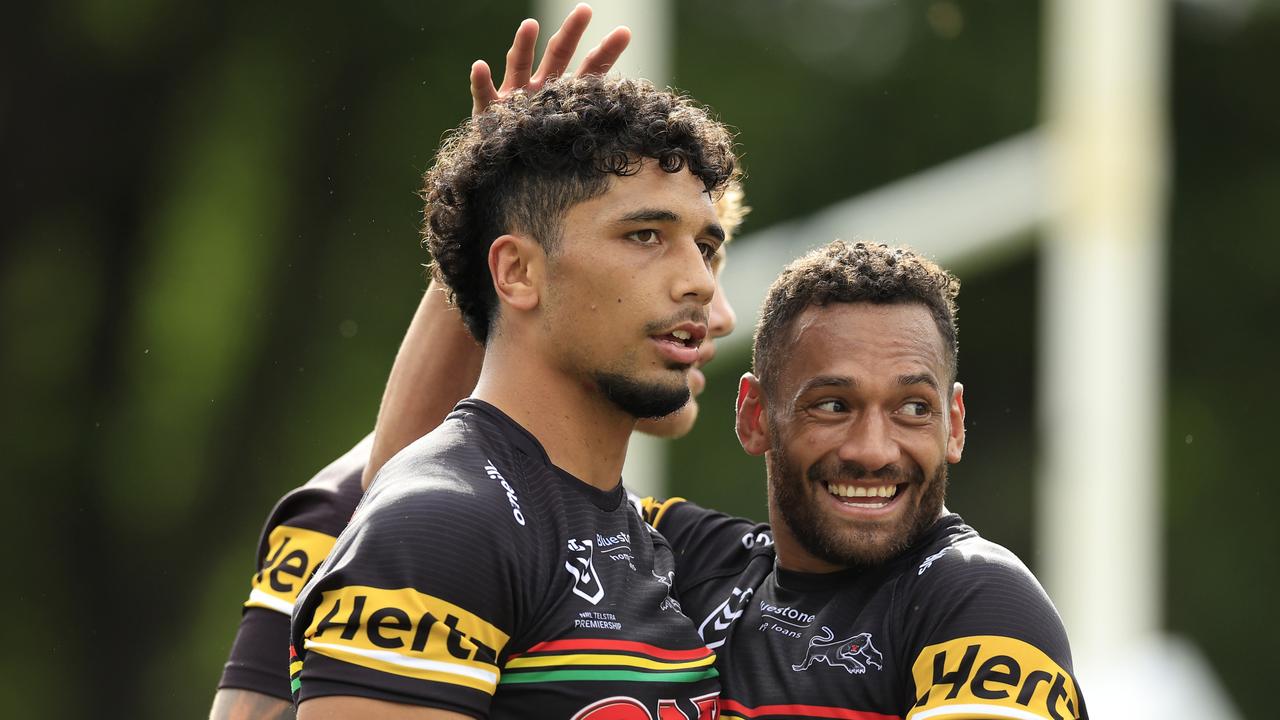 BATHURST, AUSTRALIA - MARCH 26: Izack Tago of the Panthers celebrates a try during the round three NRL match between the Penrith Panthers and the Newcastle Knights at Carrington Park, on March 26, 2022, in Bathurst, Australia. (Photo by Mark Evans/Getty Images)