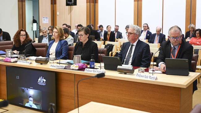 From left: ANU vice-chancellor Genevieve Bell, Monash VC Sharon Pickering, University of Melbourne VC Nicola Phillips, University of Sydney VC Mark Scott and Deakin University VC Iain Martin appear at Senate inquiry into anti-Semitism at universities. Picture: NewsWire / Martin Ollman