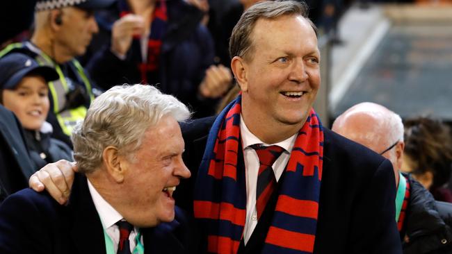 MELBOURNE, AUSTRALIA - SEPTEMBER 07: Geoff Freeman, Vice Chairman of the Demons (left) and Glen Bartlett, Chairman of the Demons celebrate after the clubs first finals win in 12 years during the 2018 AFL First Elimination Final match between the Melbourne Demons and the Geelong Cats at the Melbourne Cricket Ground on September 07, 2018 in Melbourne, Australia. (Photo by Adam Trafford/AFL Media/Getty Images)