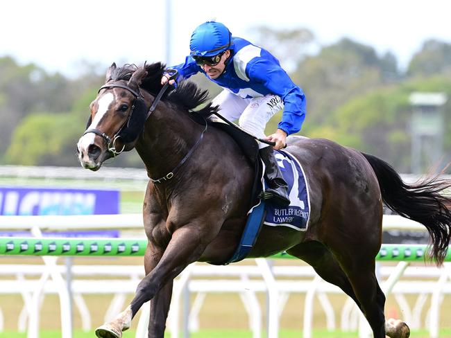 Mister Bianco scores for prominent owner Peter Tighe and trainer Paul Shailer, wearing the racing colours made famous by Winx. Picture: Grant Peters, Trackside Photography.