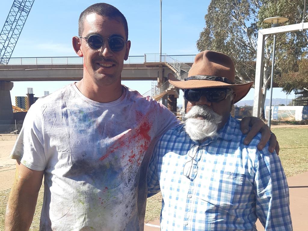 Taylor Walker pictured with Ian Crombie in Port Augusta. Picture: Facebook/Ian Crombie