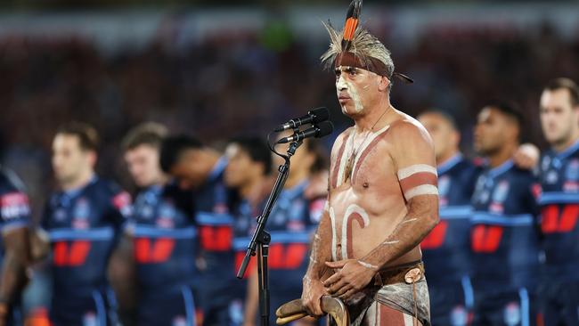 Kaurna senior man Karl Winda Telfer conducts the Welcome to Country ceremony before is given before game one of the 2023 State of Origin series between the Queensland Maroons and New South Wales Blues at Adelaide Oval on Wednesday night. (Photo by Mark Kolbe/Getty Images)