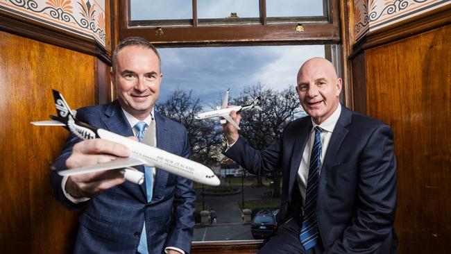 CEO of Hobart Airport Norris Carter with Premier Peter Gutwein, are excited to welcome tourists from New Zealand over the school holidays. Picture: Richard Jupe