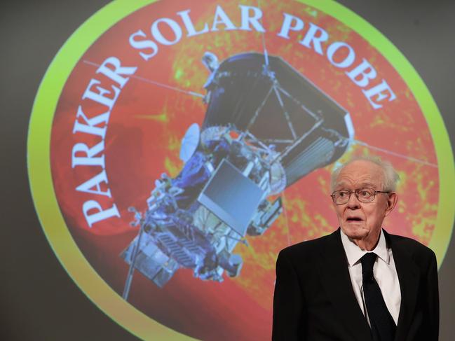 University of Chicago astrophysicist Dr. Eugene Parker listens as NASA officials announced plans to deploy a solar probe into the Sun's atmosphere for the first time. The probe is named in Dr. Parker's honour. Picture: AFP