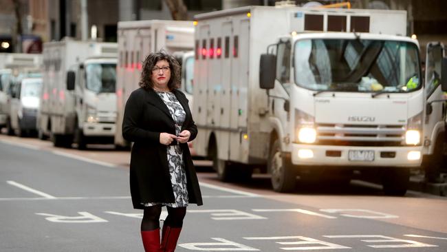 Co-chair of the Victorian Law Institute's criminal law section Melinda Walker, outside the Melbourne Magistrates Court, where prison vans queue up to drop off prisoners in the morning. Picture: Stuart McEvoy