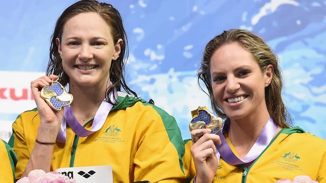 (L-R) Gold medalist, Emma McKeon, Shayna Jack, Cate Campbell, Emily Seebohm of Australia pose during the medal presentation of the Women's 4x100m Relay on day three of the 2018 Pan Pacific Swimming Championships at the Tokyo Tatsumi International Swimming Center in Tokyo, Japan, Saturday, August 11, 2018. (AAP Image/Matt Roberts) NO ARCHIVING, EDITORIAL USE ONLY