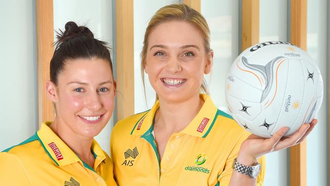 Australian national team netballers Madi Robinson (left) and Liz Watson at Wednesday’s announcement.
