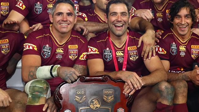 Corey Parker, left, and Cameron Smith with the State of Origin shield in 2016 Picture: Getty Images