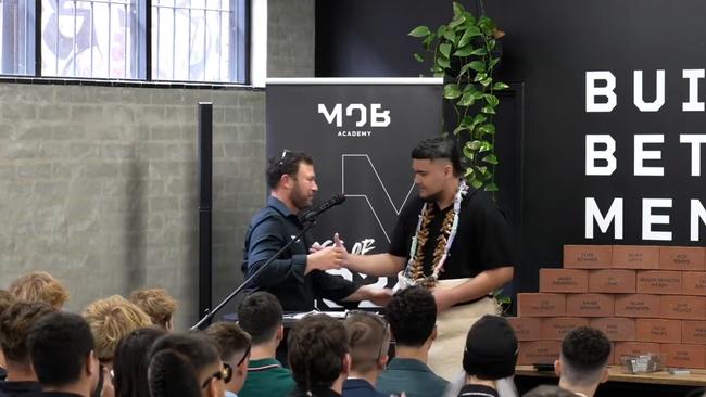 Manaia Tither-Asiata (right) at his graduation from Men of Business academy last month. Picture: MOB