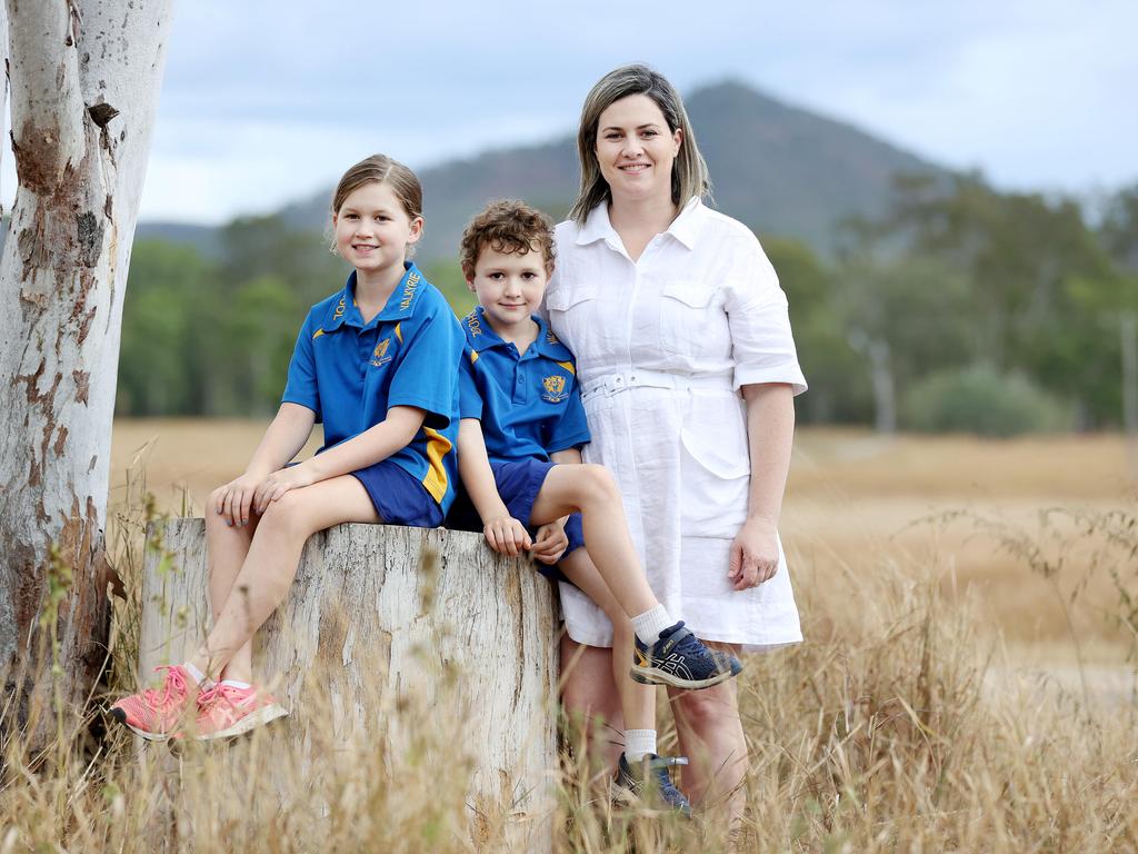 Kristen Michelmore with children Ivy, 8, and Ari, 6, who attend Valkyrie State School. Photo: Tara Croser.