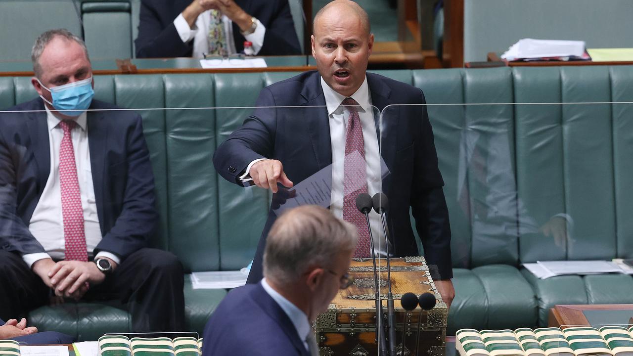 Josh Frydenberg during one of his answers, as Anthony Albanese approaches the dispatch box. Picture: Gary Ramage/NCA NewsWire