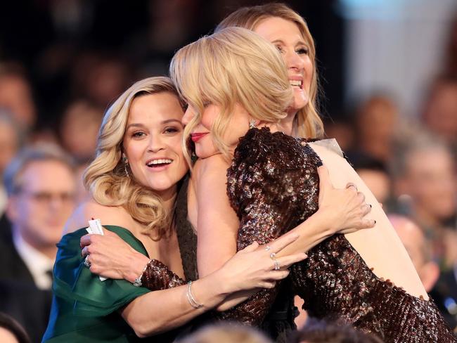 Big Little Lies’ stars (and executive producers) Nicole Kidman and Reese Witherspoon, with co-star Laura Dern, at the Screen Actors Guild Awards this week. Picture: Getty Images