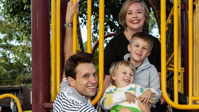 Teddy, 3, Harry, 5 and dad Evan Hughes and City of Sydney Deputy Mayor Linda Scott at Shannon Reserve Playground in Surry Hills. Picture: Monique Harmer.