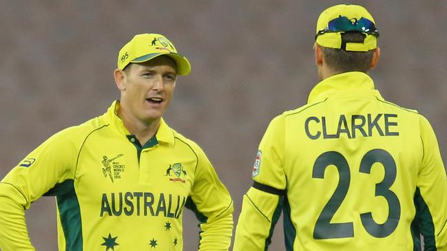 MELBOURNE, AUSTRALIA - FEBRUARY 11: Michael Clarke and George Bailey of Australia talk while in the field during the Cricket World Cup warm up match between Australia and the United Arab Emirates at Melbourne Cricket Ground on February 11, 2015 in Melbourne, Australia. (Photo by Scott Barbour/Getty Images)