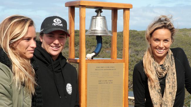 Courtney Conlogue, Tyler Wright and Sally Fitzgibbon at Bells Beach earlier this year.